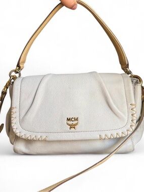 MCM Cream Leather Shoulder Bag with Gold Hardware